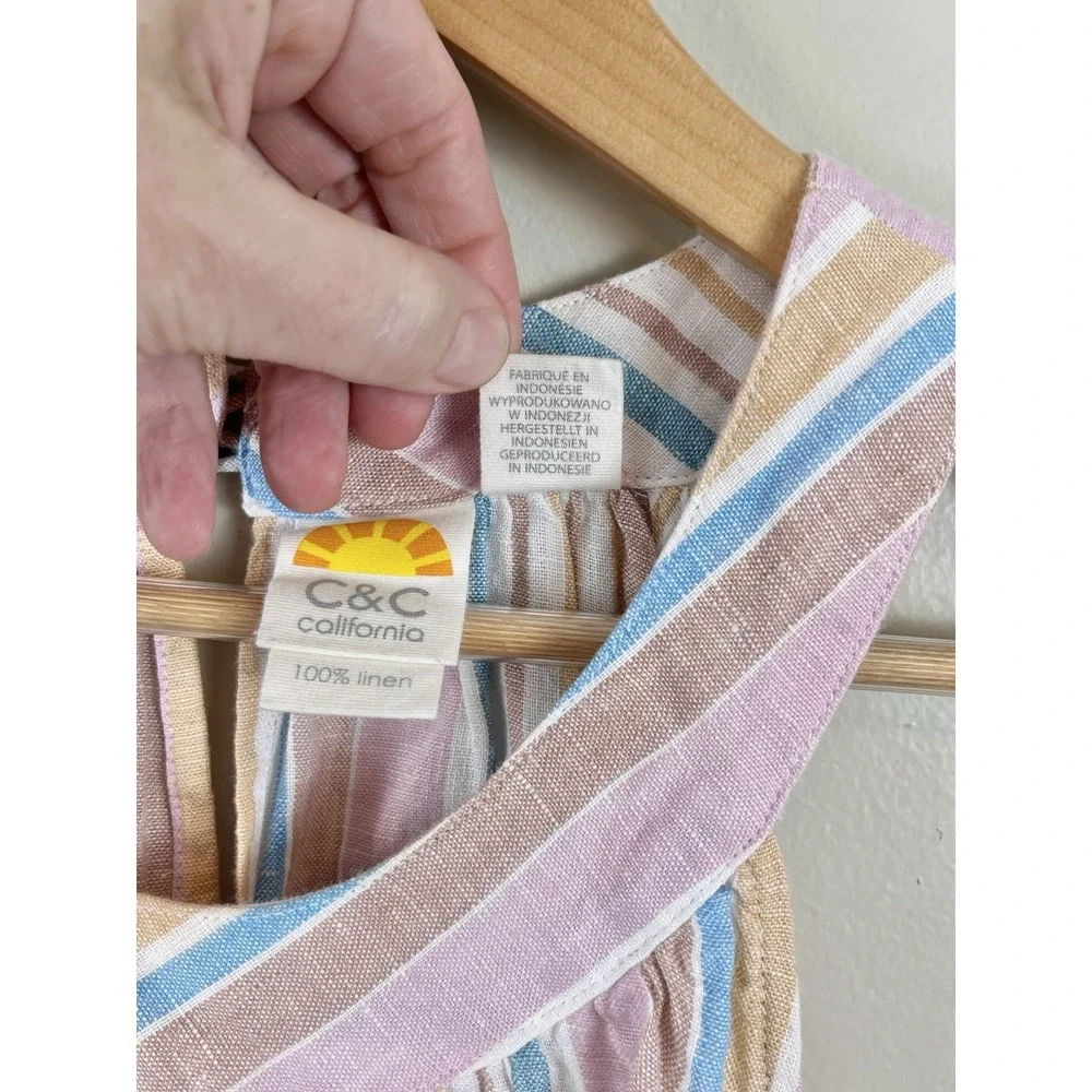 C&C California Multicolor Stripe Sleeveless 100% Linen Dress Size S Shift Beach - Picture 3 of 7